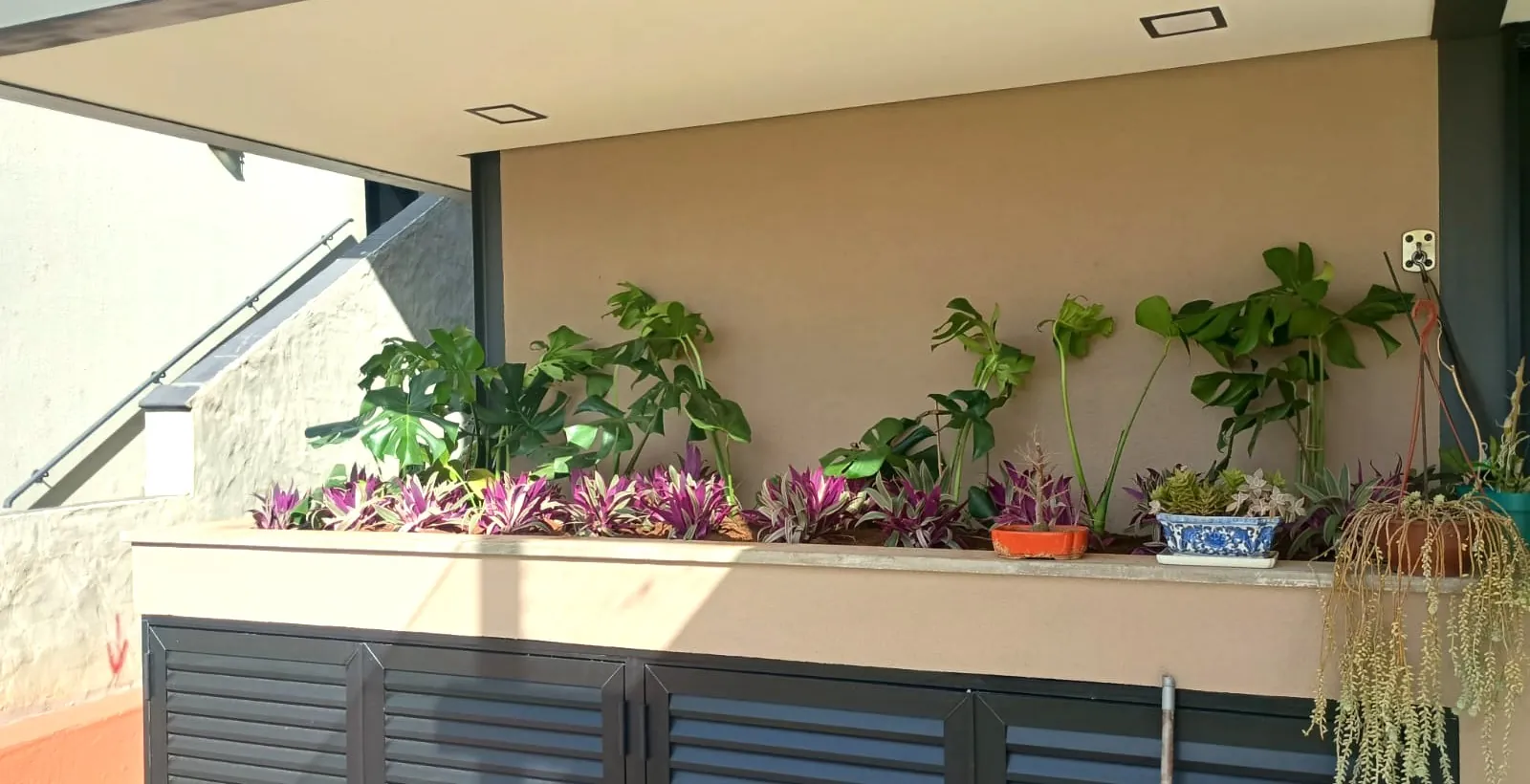 Jardineira com bromélias e folhagens executada pela Ipê Jardim